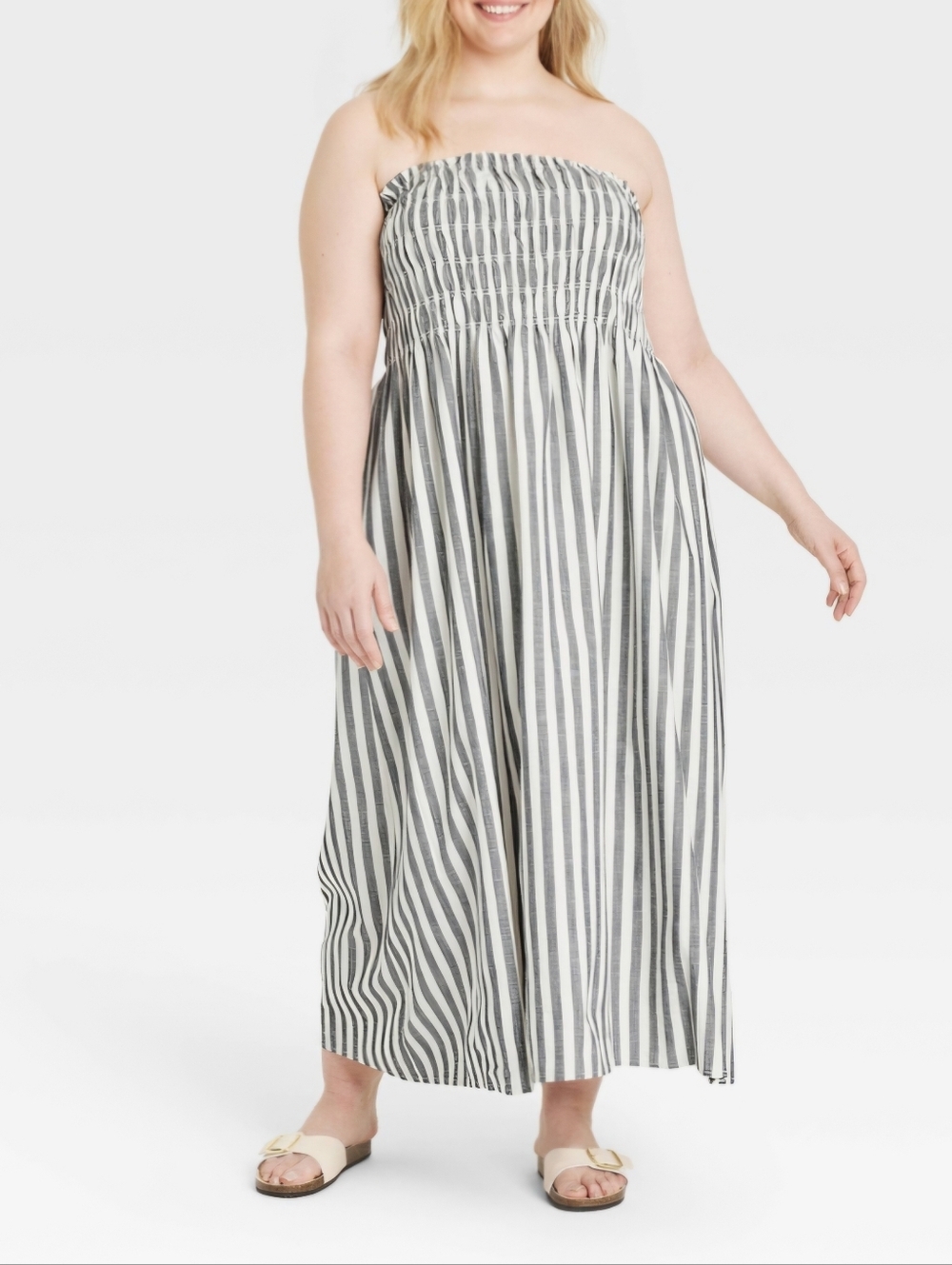 Universal Thread Gray & White Vertical Stripe Smocked Maxi Dress